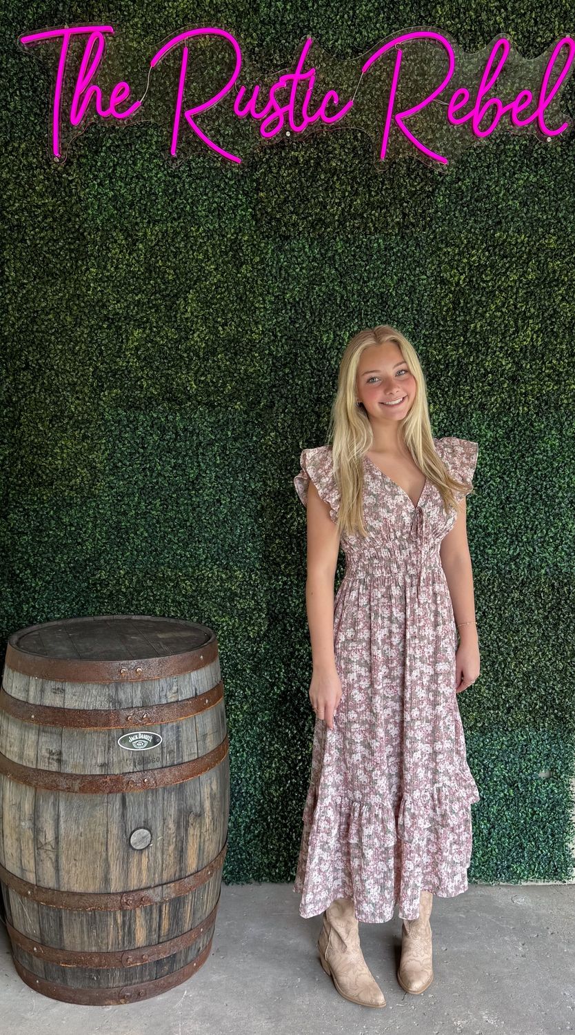 Flower Print Ruffle Cap Sleeve V Neck Midi Dress, Size: Small