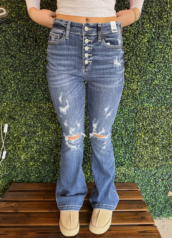 Midrise Button Fly Trouser Flare w Destroy Jeans