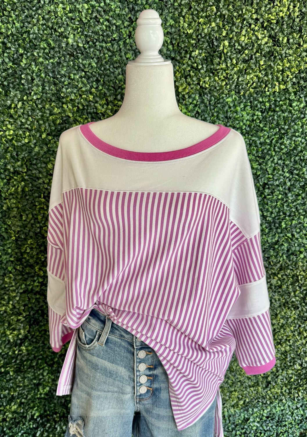 Stripe Patchwork 3/4 Sleeve T-Shirt Plus Size, Size: 1X