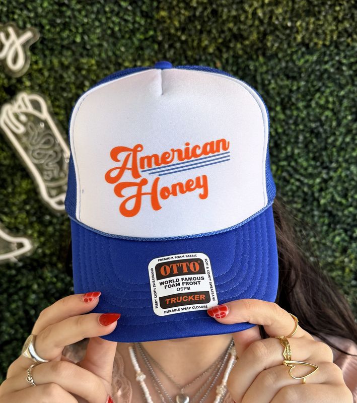 American Honey Dtf Printed Royal Blue &amp; White Trucker Hat