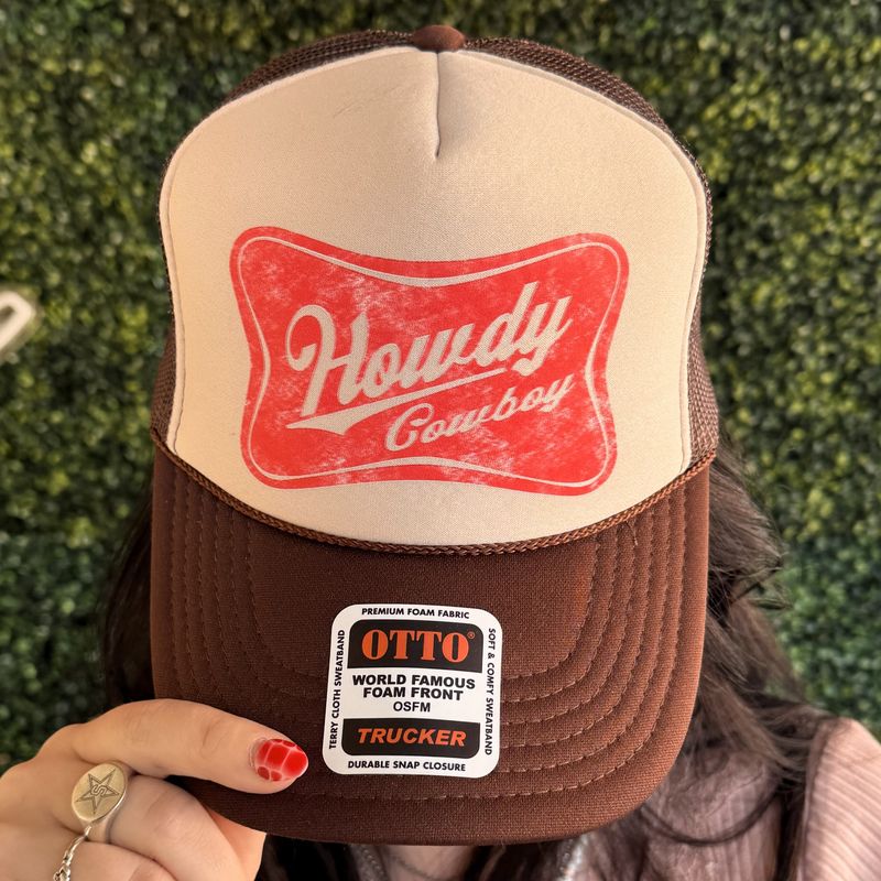 Howdy Cowboy Dtf Printed Brown &amp; Tan Trucker Hat