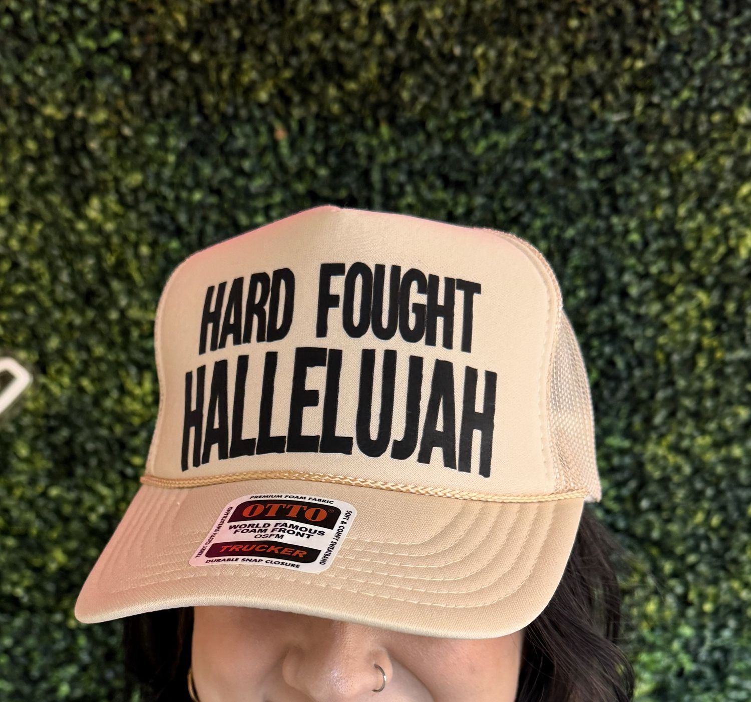 Hard Fought Hallelujah Printed Tan Trucker Hat