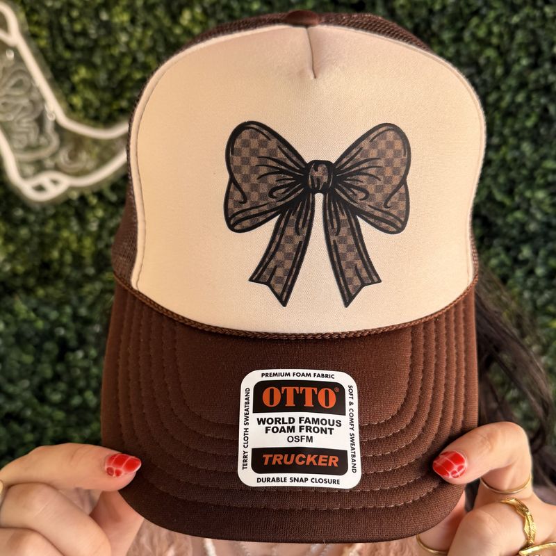 Brown Checkered Bow Dtf Printed Brown &amp; Tan Trucker Hat
