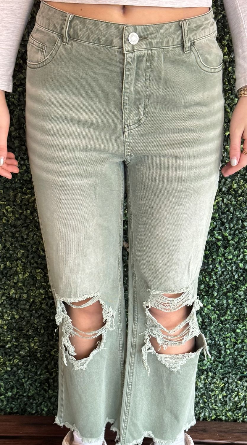 Distressed Vintage Washed Wide Leg Pants, Color: Ash Green, Size: Small