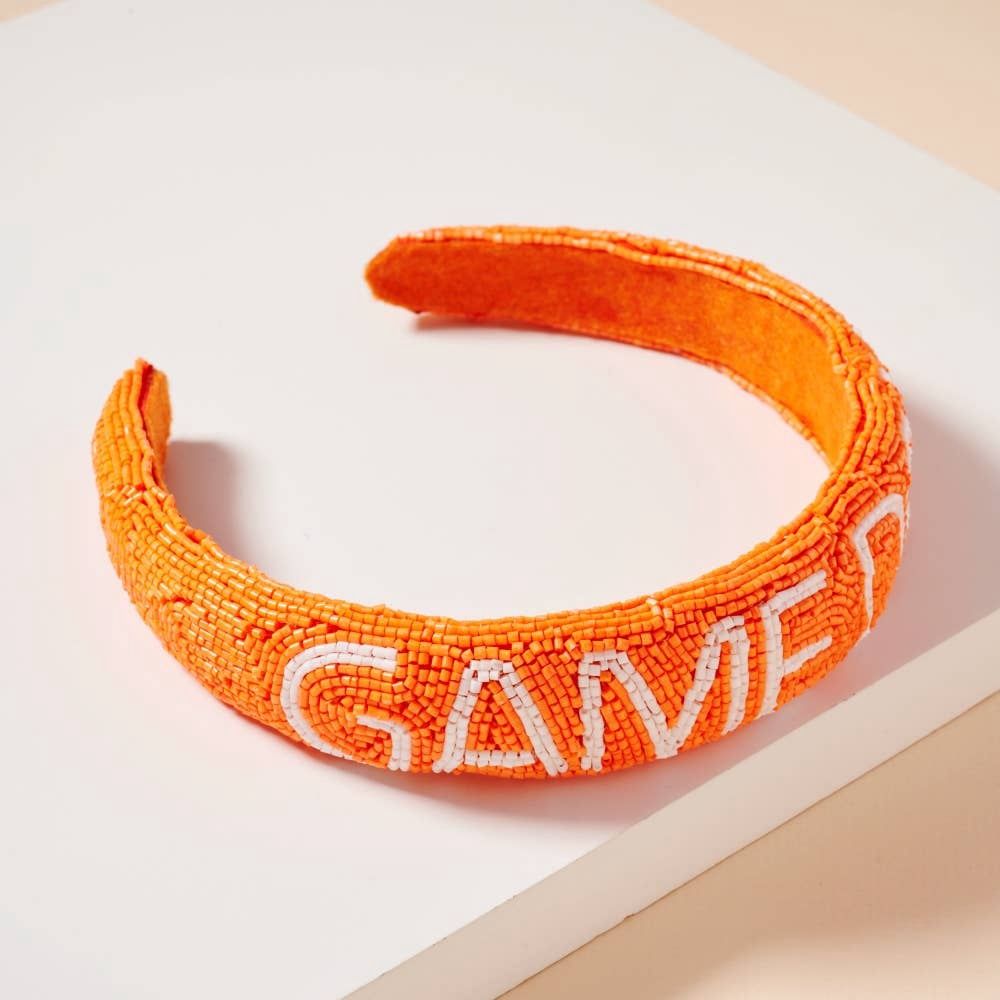 Game Day Seed Beaded Headband, Color: Orange/White
