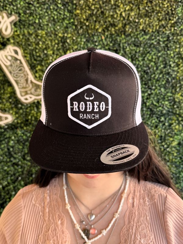 Rodeo Ranch Classic Logo 5 Panel Flat Brim Hat - Black and White