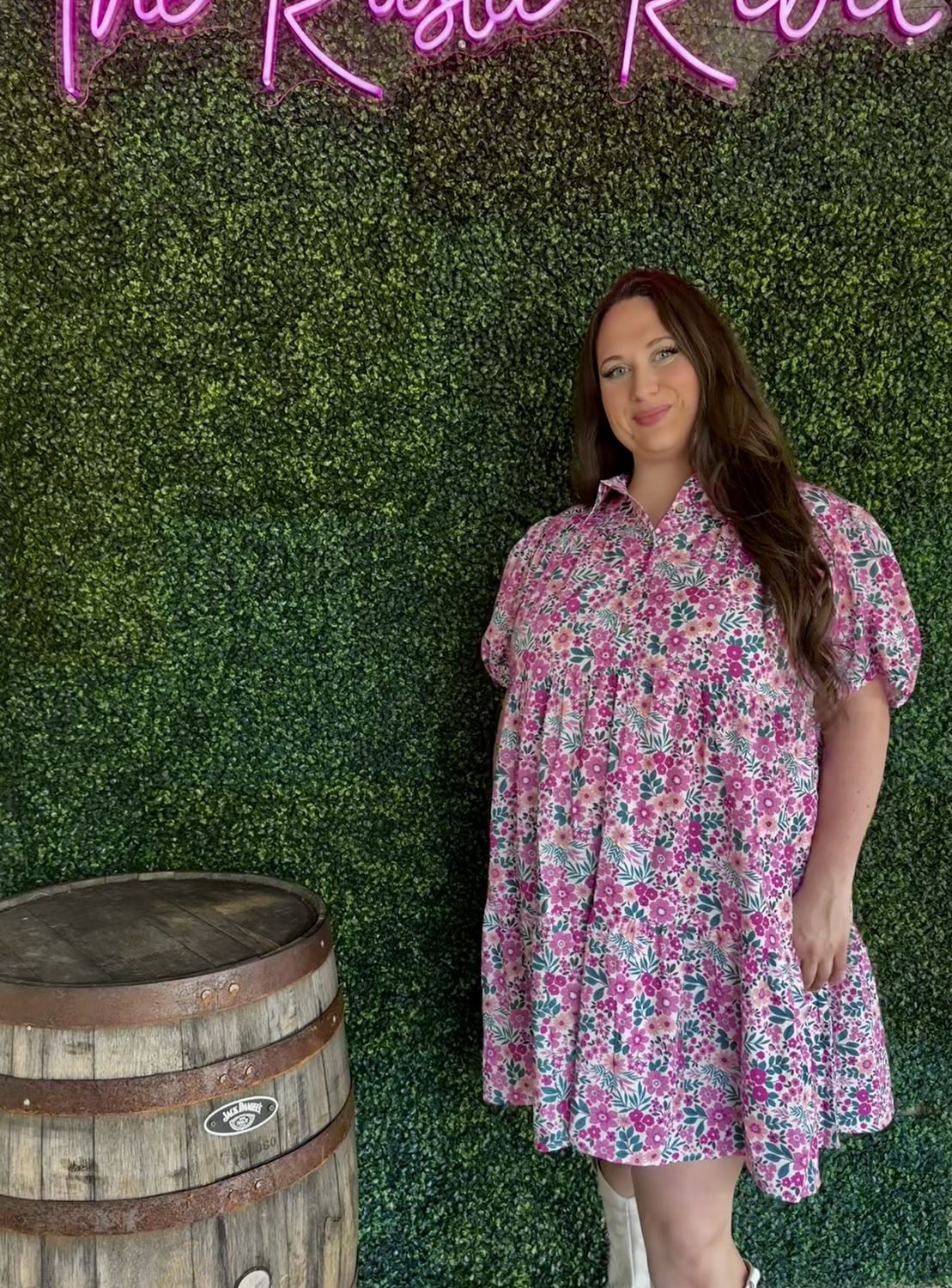 Ldc Floral Half Button Short Puff Sleeve A-Line Dress, Size: 1X