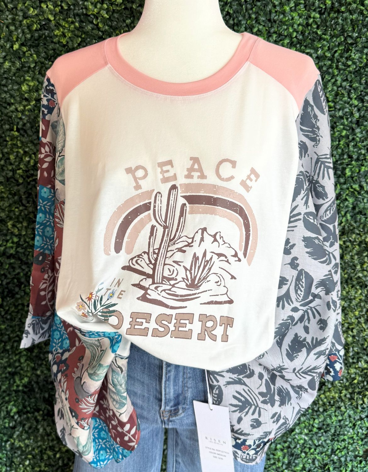 Asymmetric Patchwork Sleeve Peace Desert Graphic Tee, Size: Small