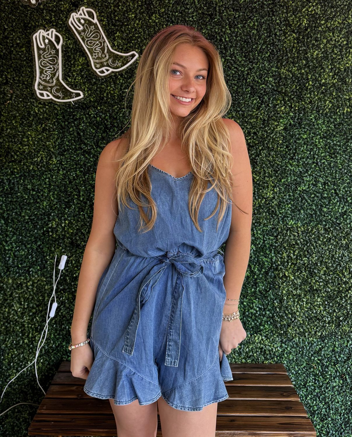 Ldc Spaghetti Straps Belted Ruffled Leg Chambray Romper, Size: small