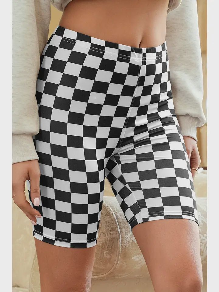 Checkerboard Printed High Waist Biker Shorts, Size: small