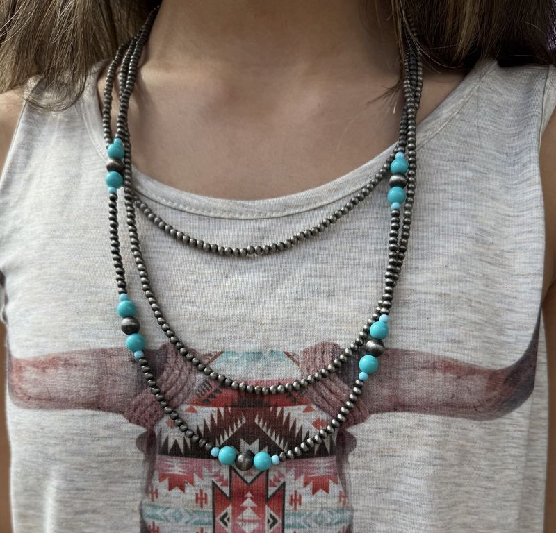 Faux Silver Pearl and Turquoise Layered Necklace