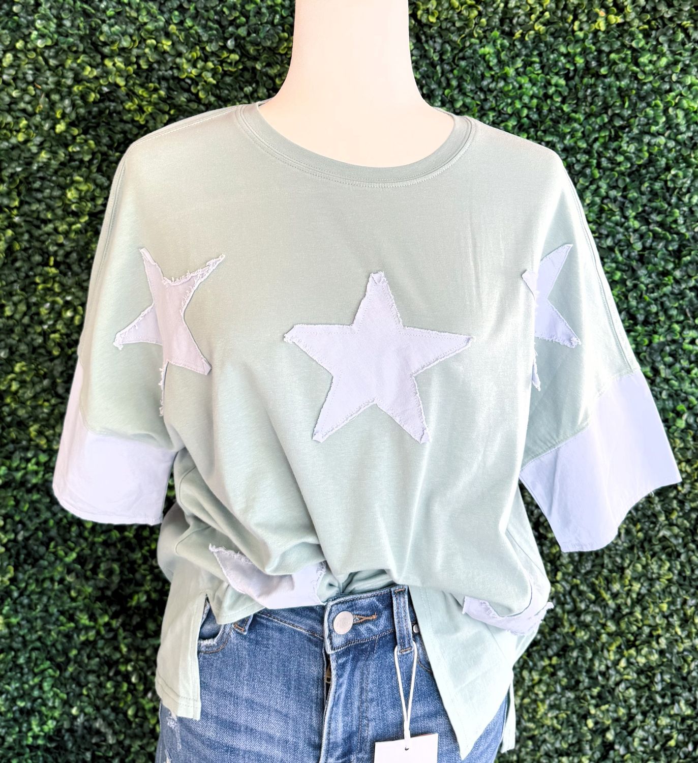 Ldc Frayed Star Denim Patchwork Oversize T Shirt, Color: Smoke Green, Size: Small