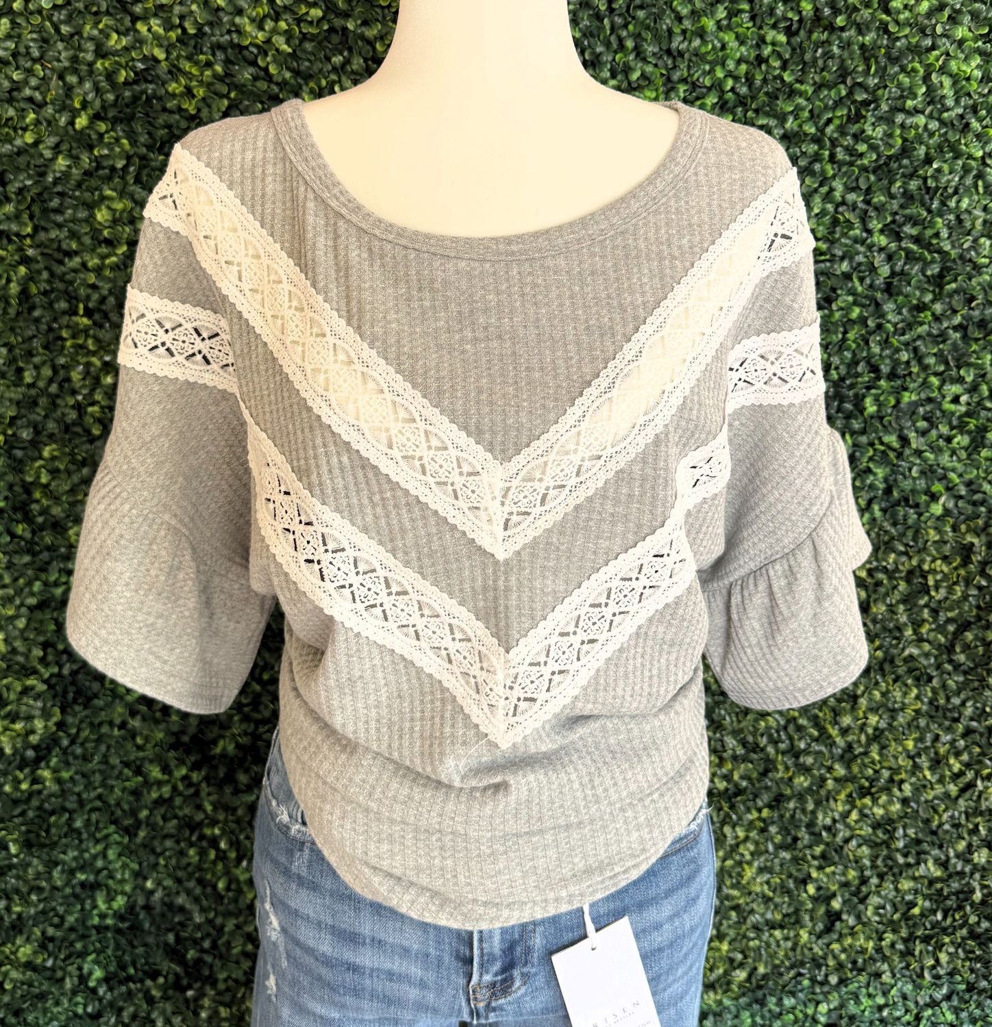 Plus Size Lace Waffle Ruffle Sleeve Top, Size: 1X