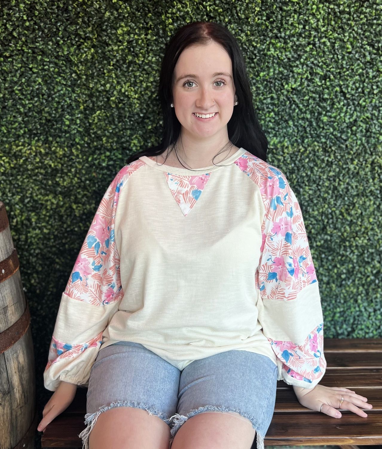 Floral Ribbed Puff Sleeve Top Plus Size, Size: 1X