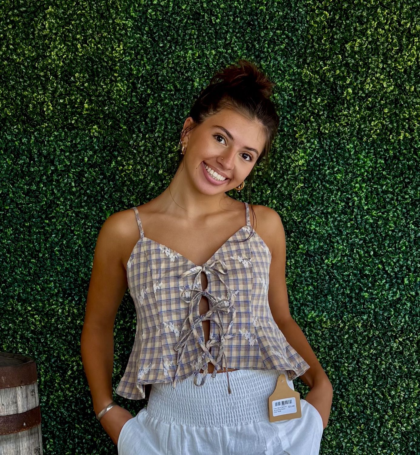 FLORAL Plaid Lace-Up Crop Top, Size: Small