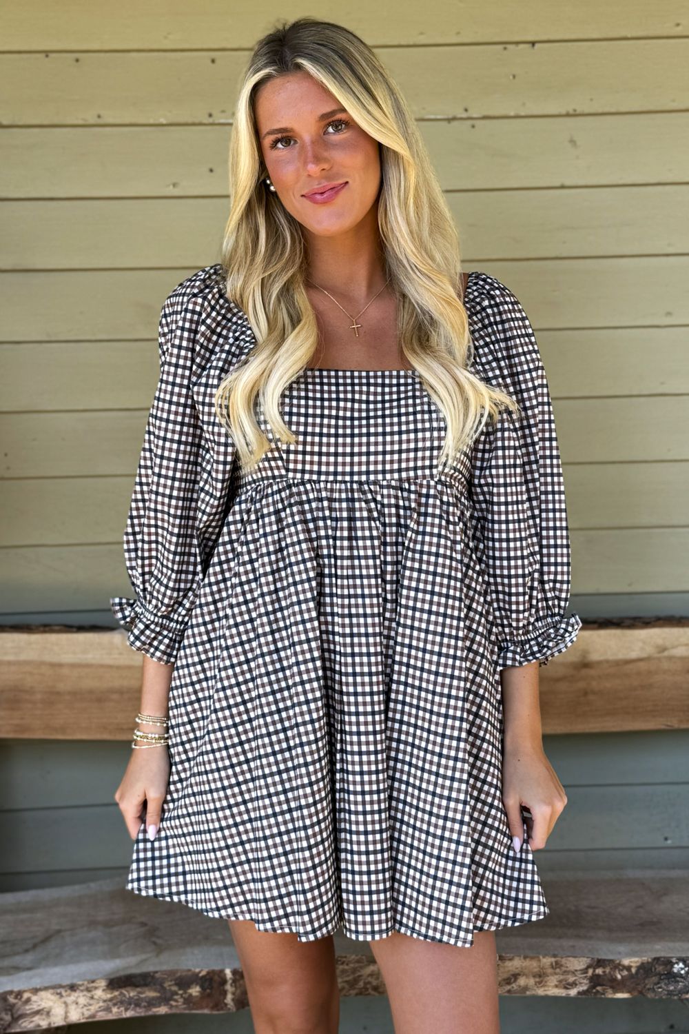 GINGHAM Puff Sleeve Mini Dress, Size: Small