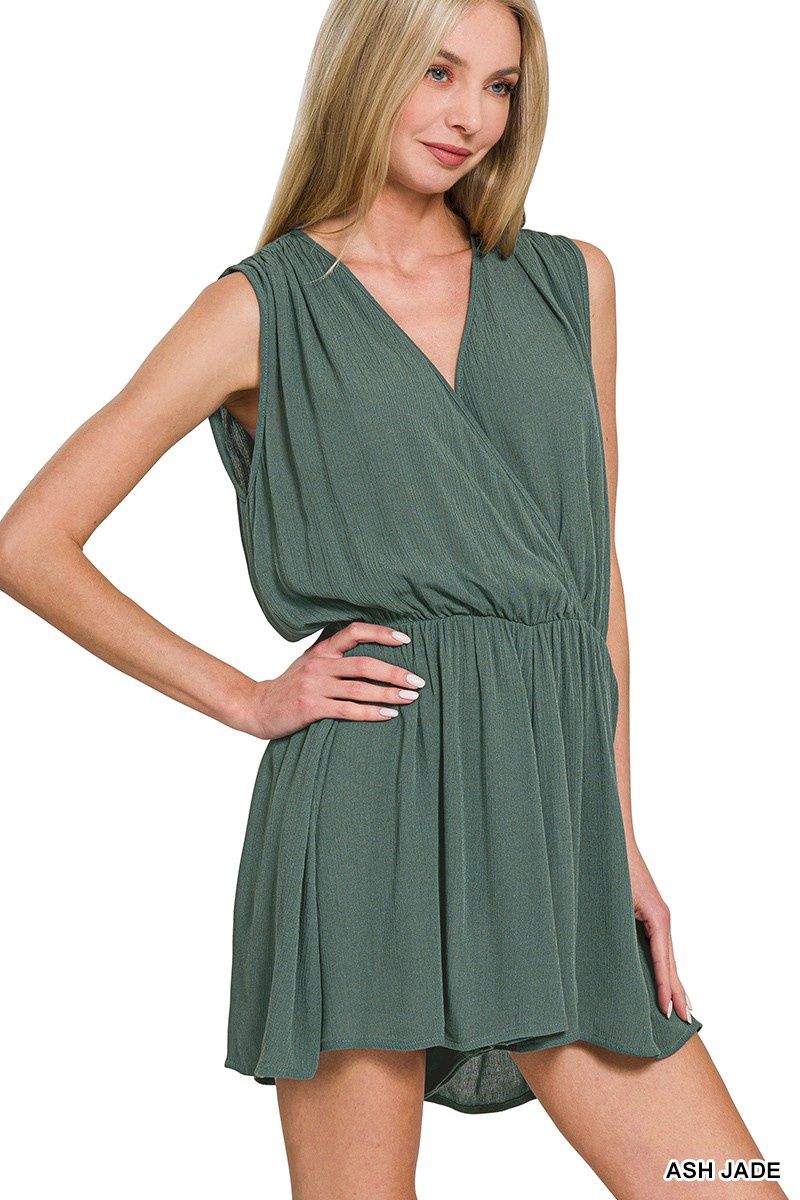 Woven Crinkle Draped Romper W Tie Open Back, Color: Ash Jade, Size: Small