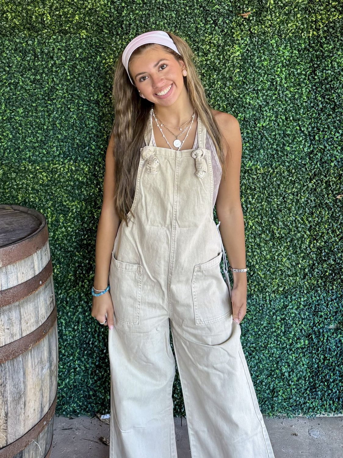 Washed Knot Strap Pockets Jumpsuit/overalls, Color: Sand Beige, Size: Small