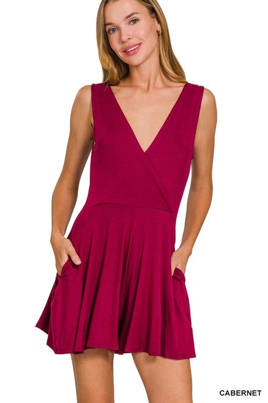 Surplice Neckline Sleeveless Romper, Color: Cabernet, Size: Small