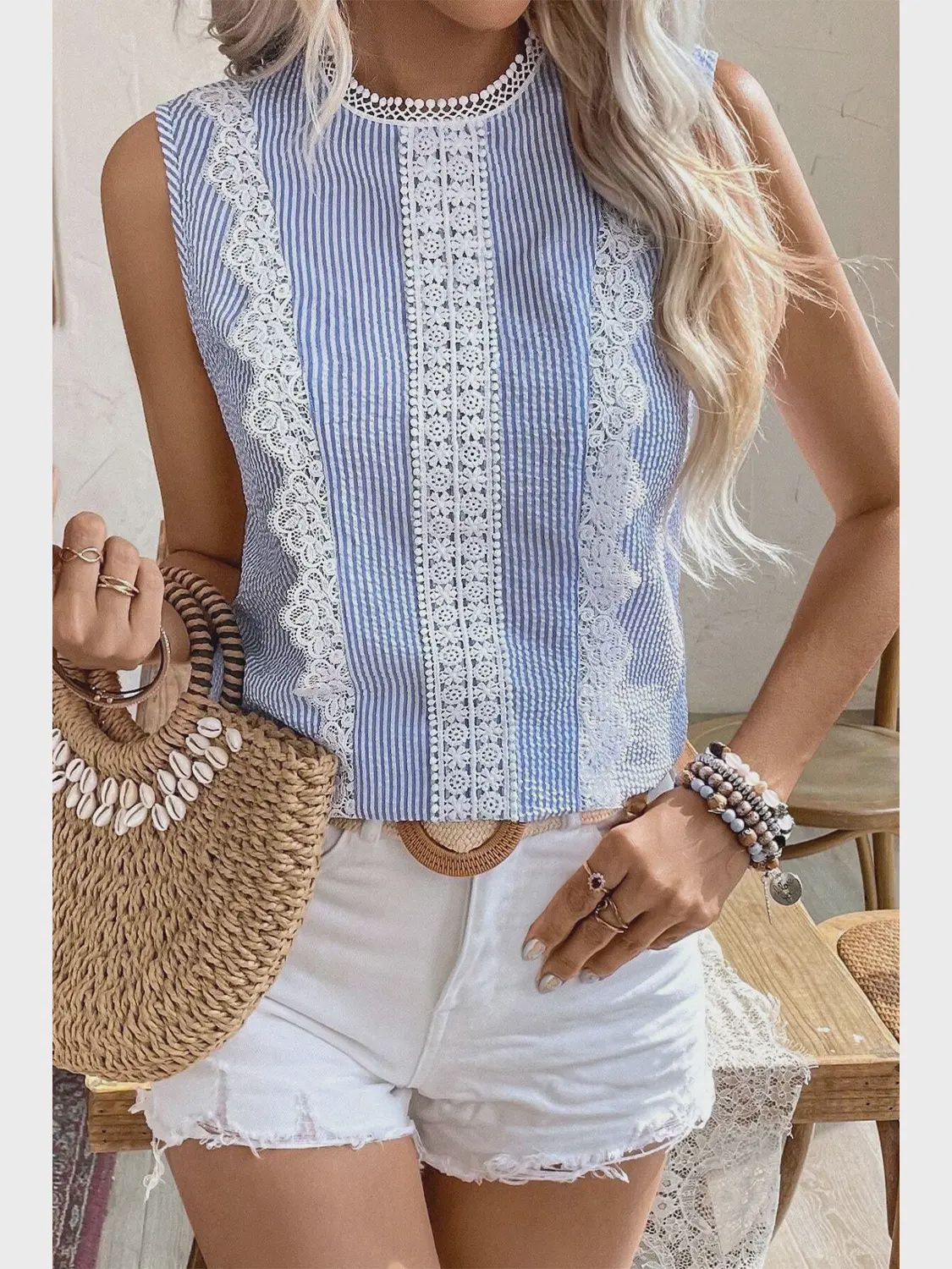 Gemma | Stripe Lace Patchwork Crew Neck Tank Top, Size: Small