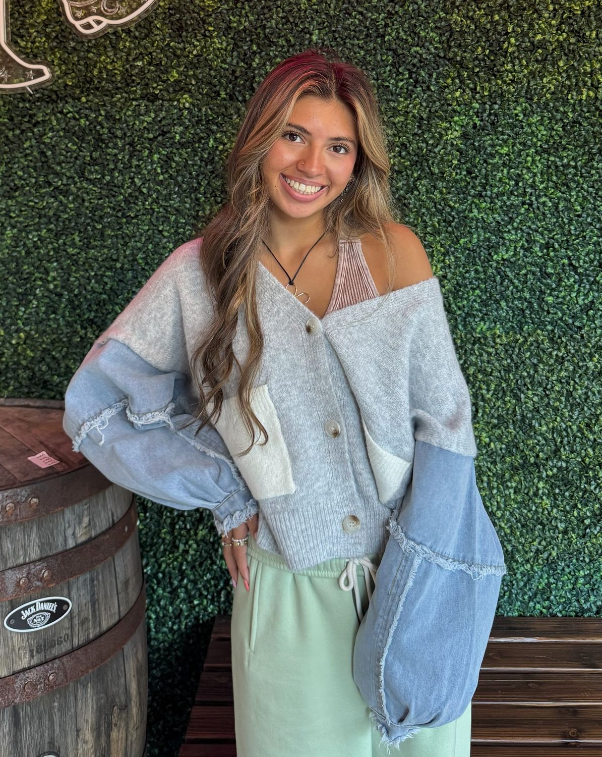 Denim Sleeve Knit Cardigan Casual Sweater Top, Size: Small/Medium