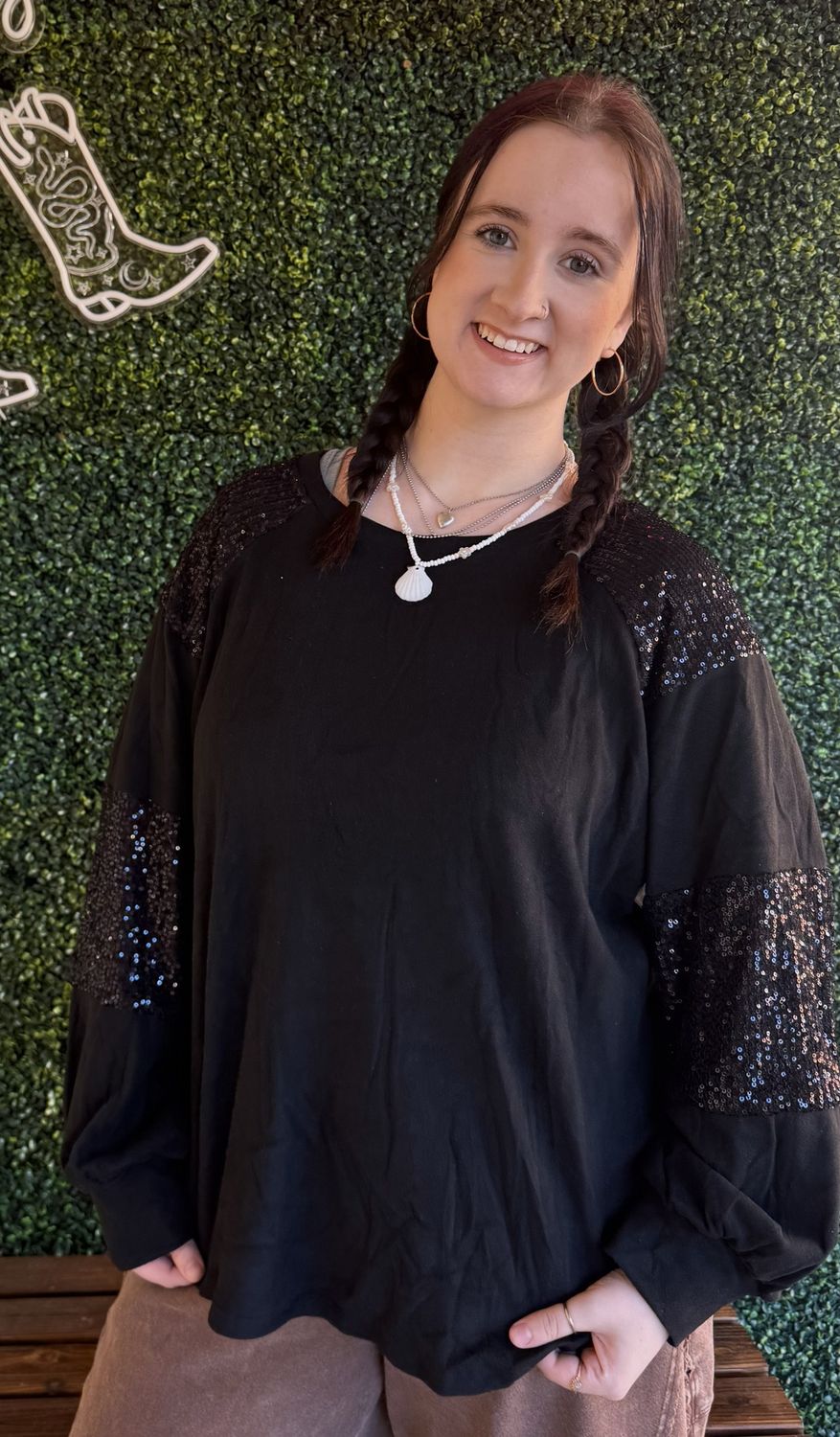 Plus Size Sequin Patchwork Long Sleeve Top, Size: 1X-Large