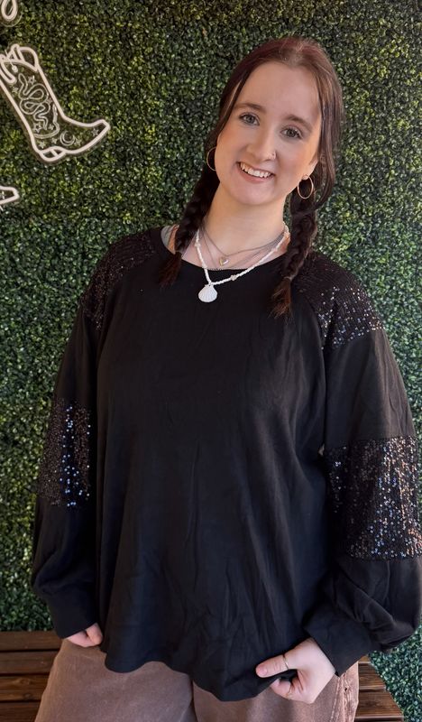 Plus Size Sequin Patchwork Long Sleeve Top