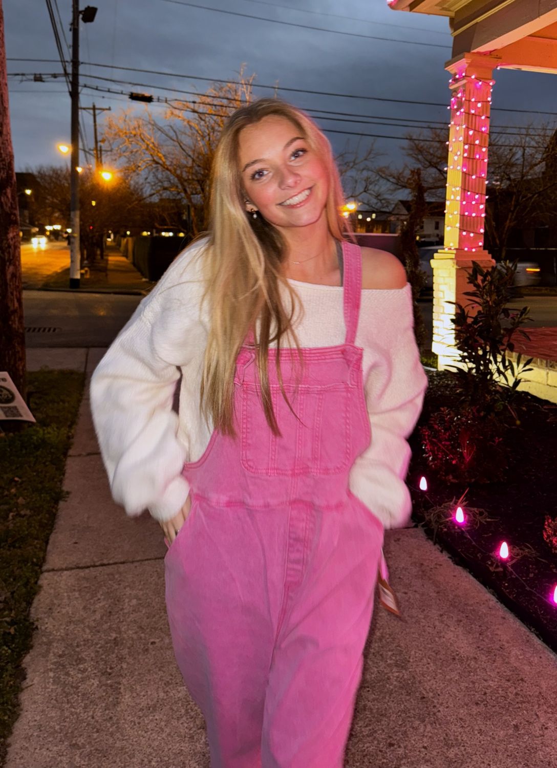 Washed Knot Strap Relaxed Fit Overalls, Color: Hot Pink, Size: Small