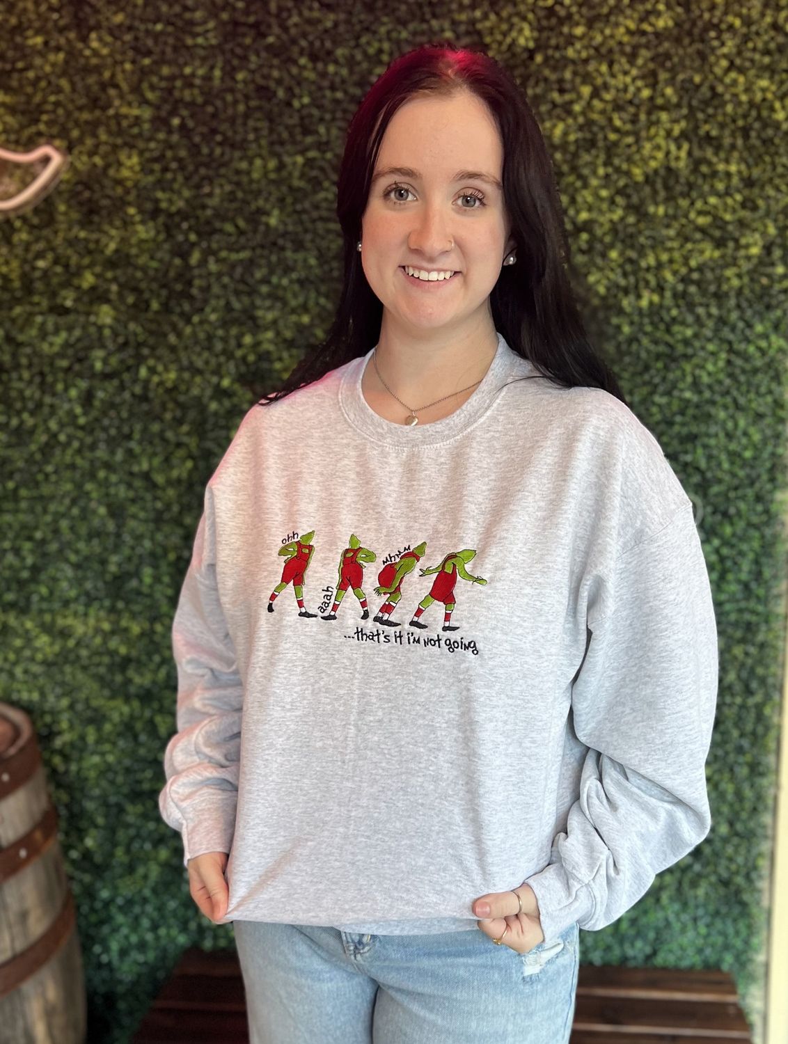 Grinch Embroidered Crewneck Sweater, Color: Gray, Size: Small