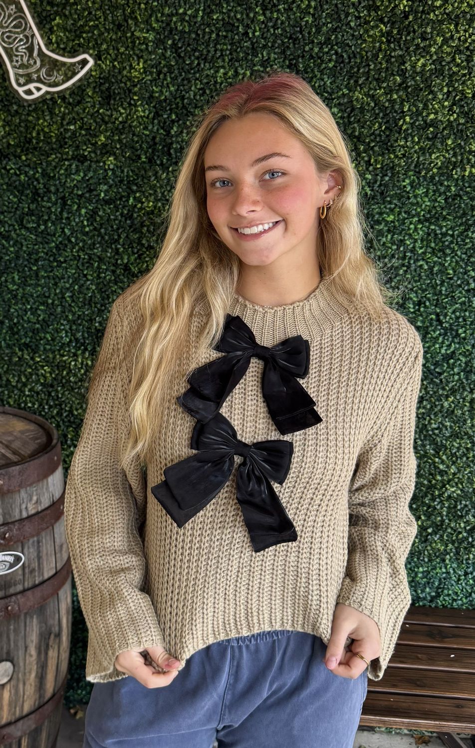 Bow Patchwork Bell Sleeve Turtleneck Pullover Sweater, Size: Small
