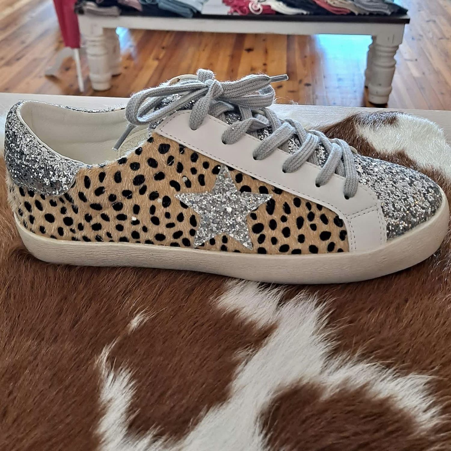 Skylar Leopard/Silver Glitter Sneakers, Size: 8.5