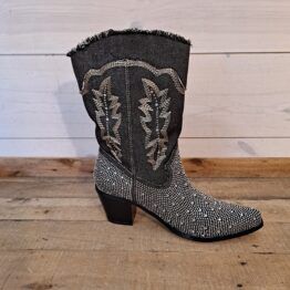 Black Denim Rhinestone Boots, Size: 5.5