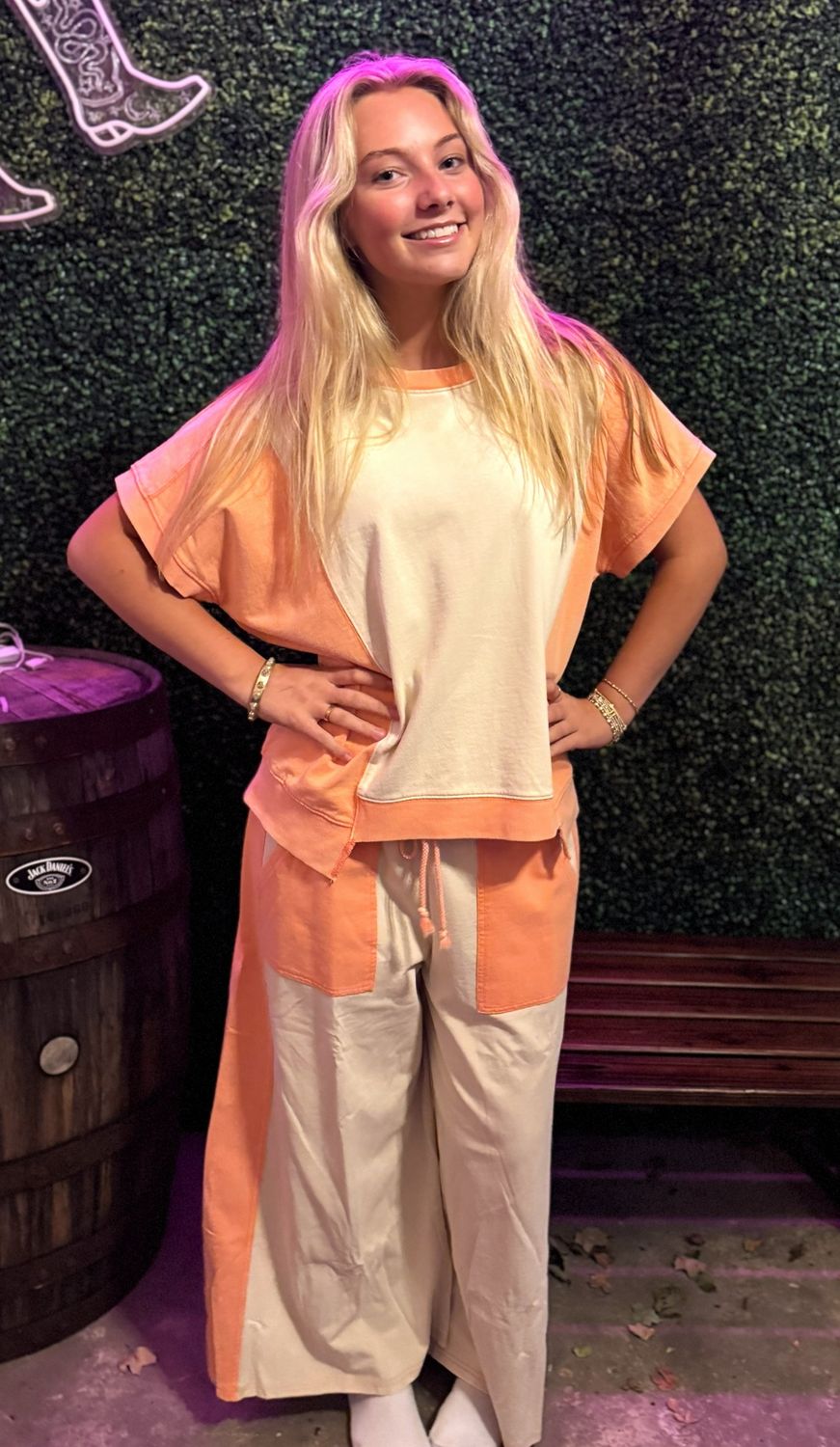 French Terry Wide Leg Color Block Tee Set, Size: Small