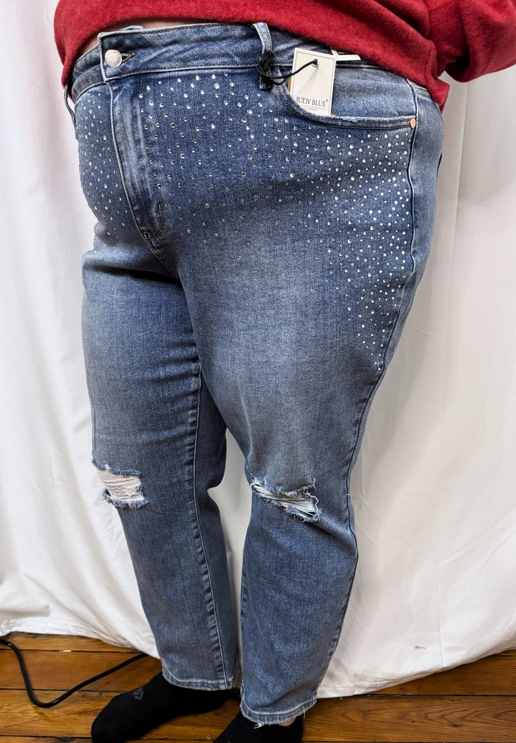 Addie-High Waisted Rhinestone Embellished With Destroy Slim, Size: 16W