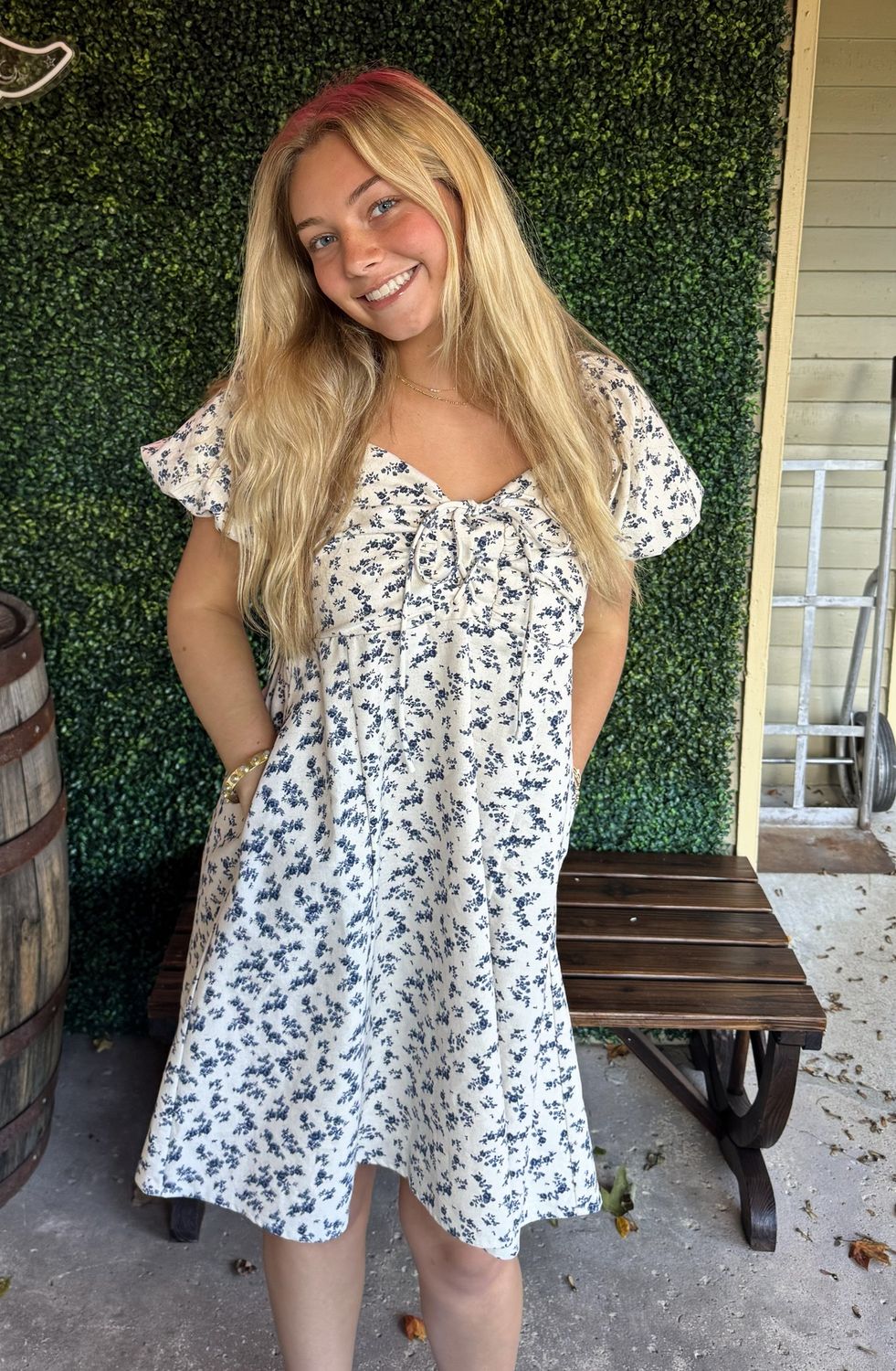 Floral print lace up front puff sleeve babydoll dress, Color: Blue, Size: Small