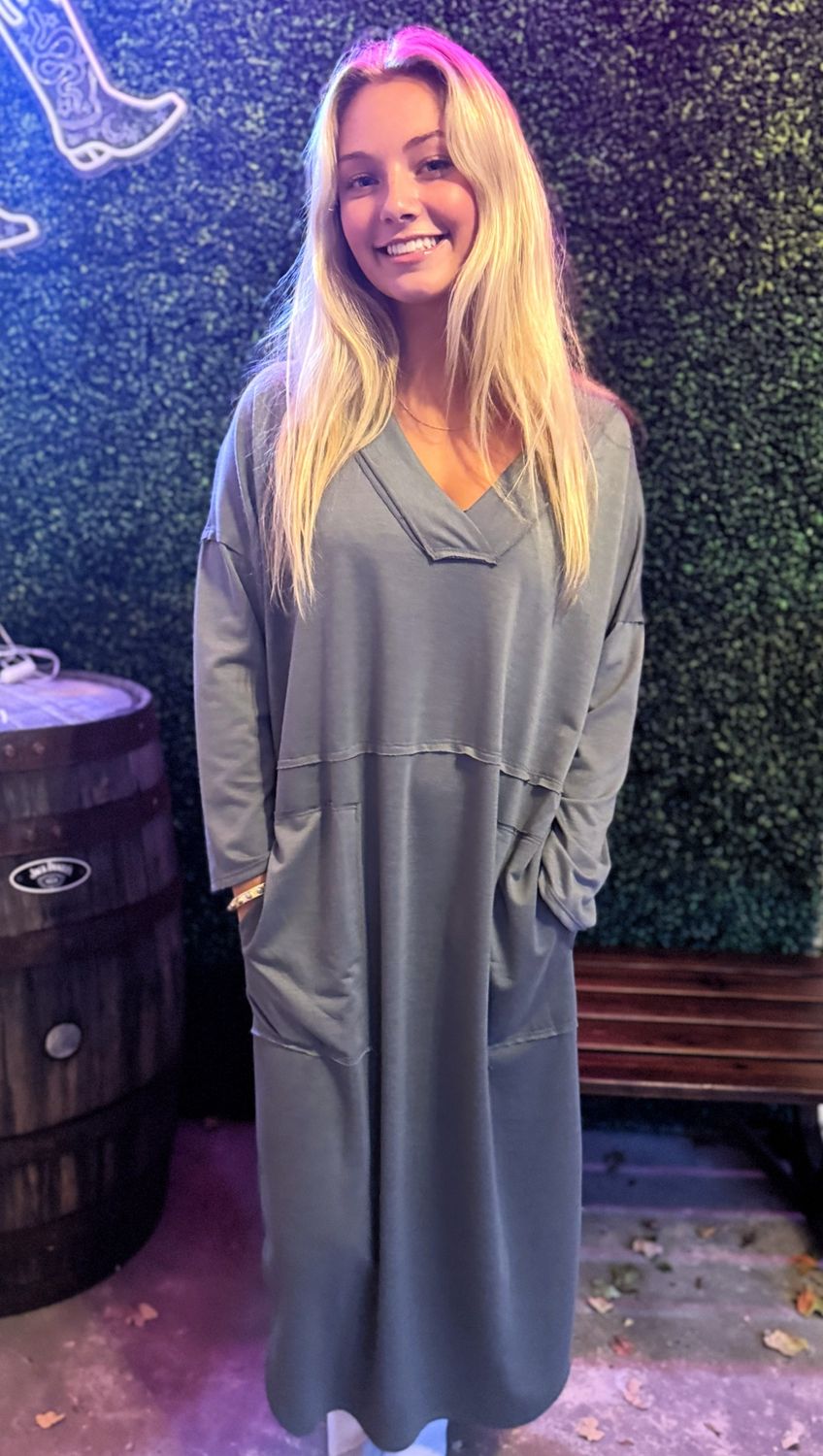 Meadow Long Sleeve Slit Maxi Dress - Light Olive, Size: Small