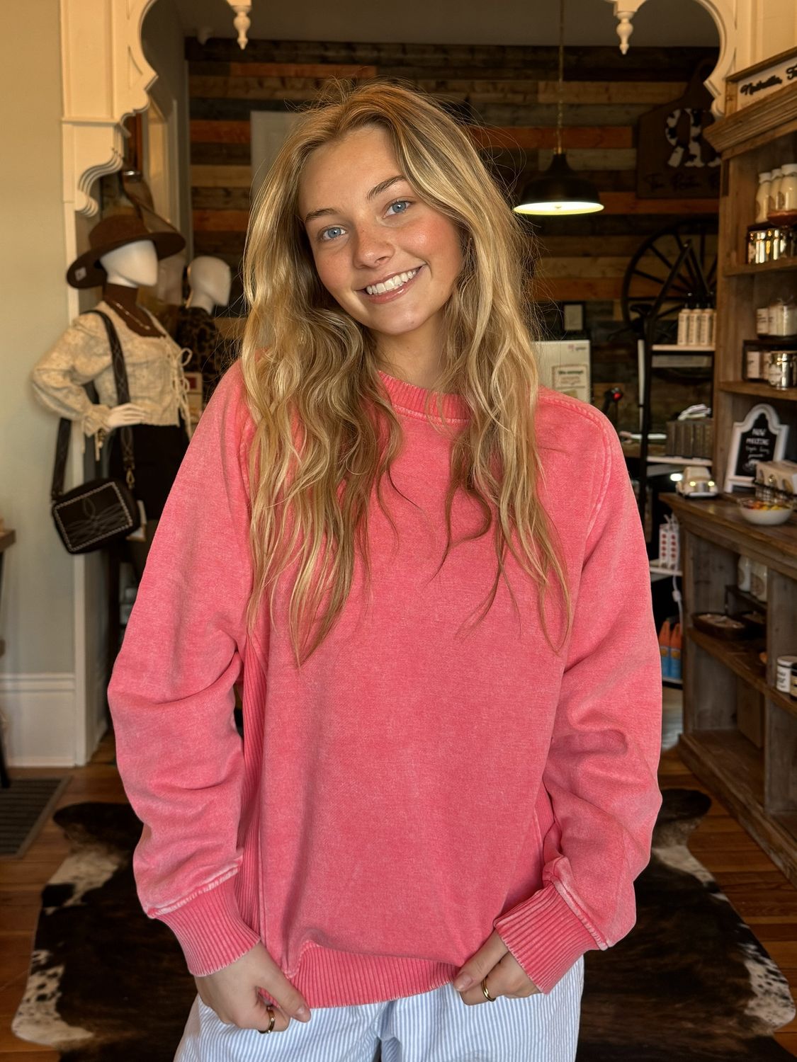 Acid Washed Fleece Sweatshirts Side Rib, Color: Fuchsia, Size: Small