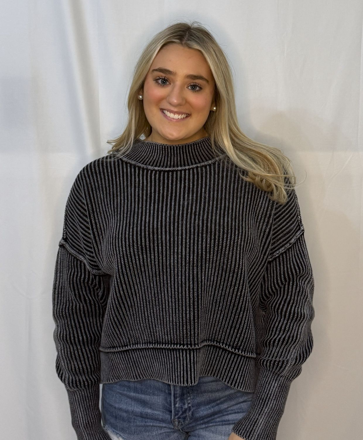 Washed Side Slit Oversized Cropped Sweater, Color: Black, Size: Small/Medium