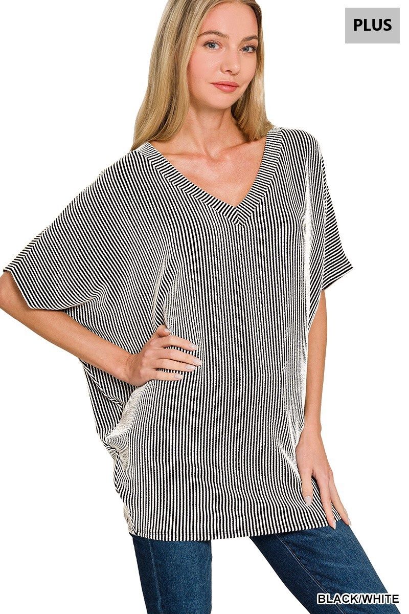Raised Rib V-neck Batwing Top, Color: Black and White, Size: 1X/2X-Large