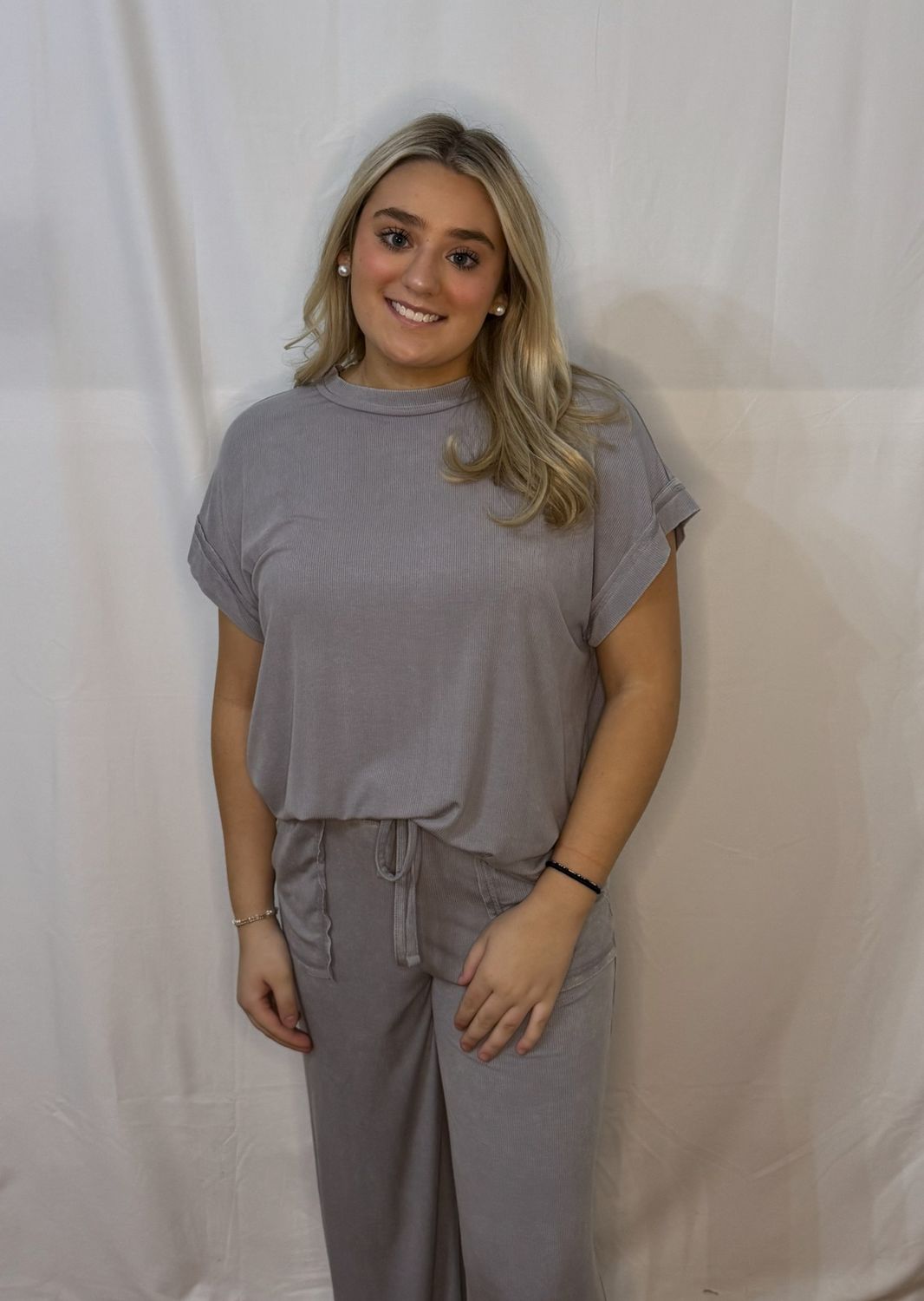 Ribbed Acid Wash Rayon Top &amp; Pants Set, Size: Small