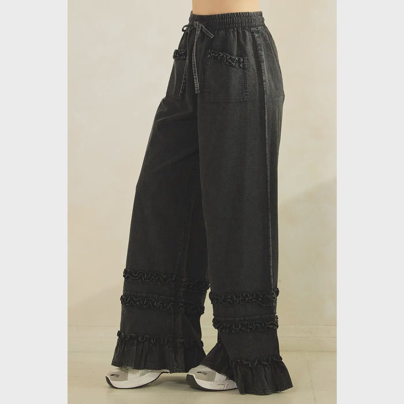 Ruffle Trim Pocket Mineral Wash Wide Leg Pants, Size: Small