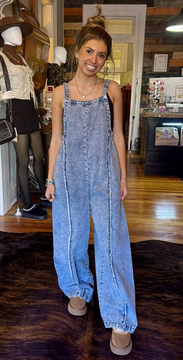 Western Fall Light Wash Frayed Exposed Seam Denim Overall, Size: Small