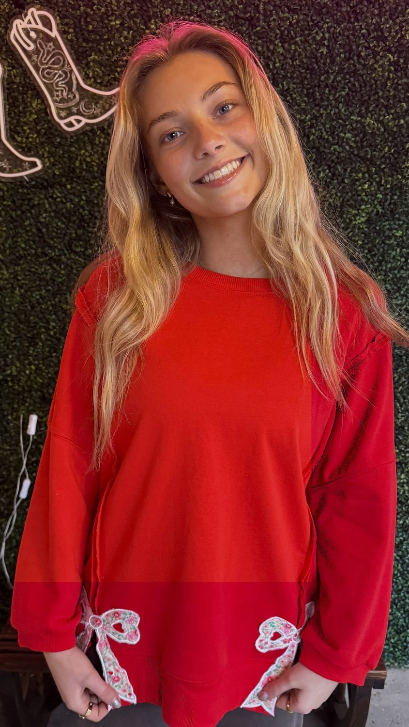 Floral Bow Patched Exposed Seam Slit Baggy Sweatshirt, Color: Red, Size: Medium