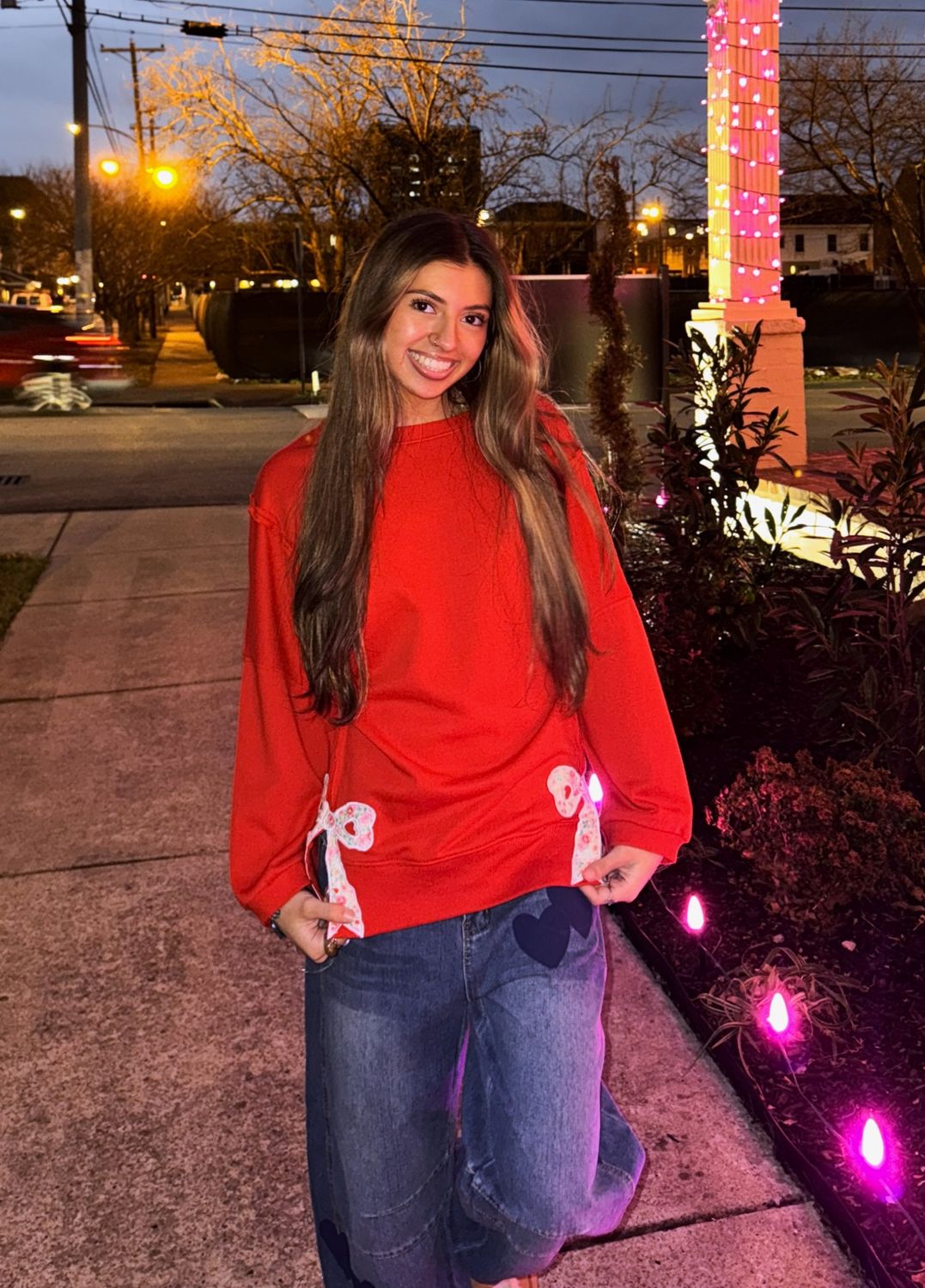 Floral Bow Patched Exposed Seam Slit Baggy Sweatshirt, Color: Red, Size: Medium