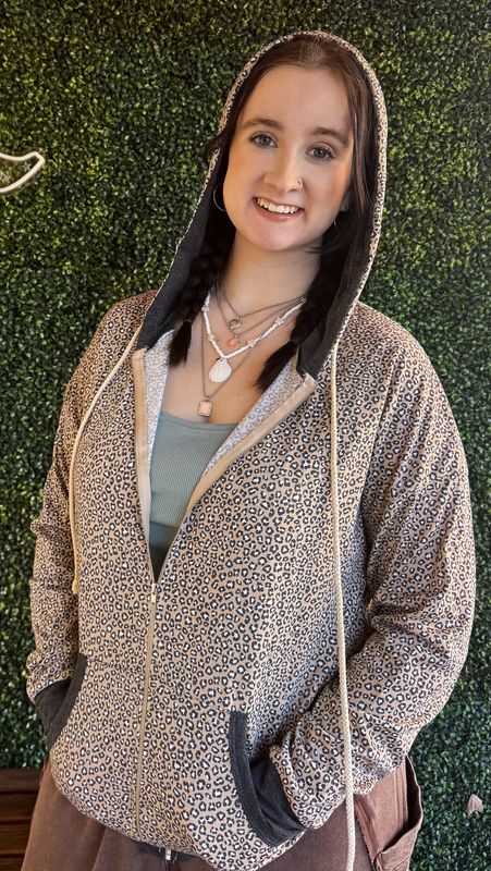 Animal Print Zip Up Drawstring Hoodie