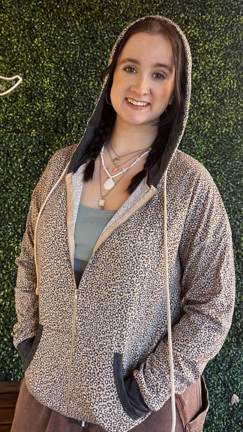 Animal Print Zip Up Drawstring Hoodie, Size: 1X-Large