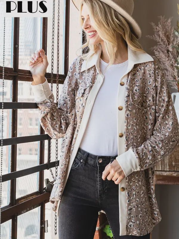 Leopard Contrast Trim Button Up Shacket, Size: 1X-Large