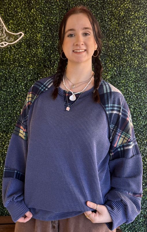 Mixed Media Plaid Patchwork Pullover Top