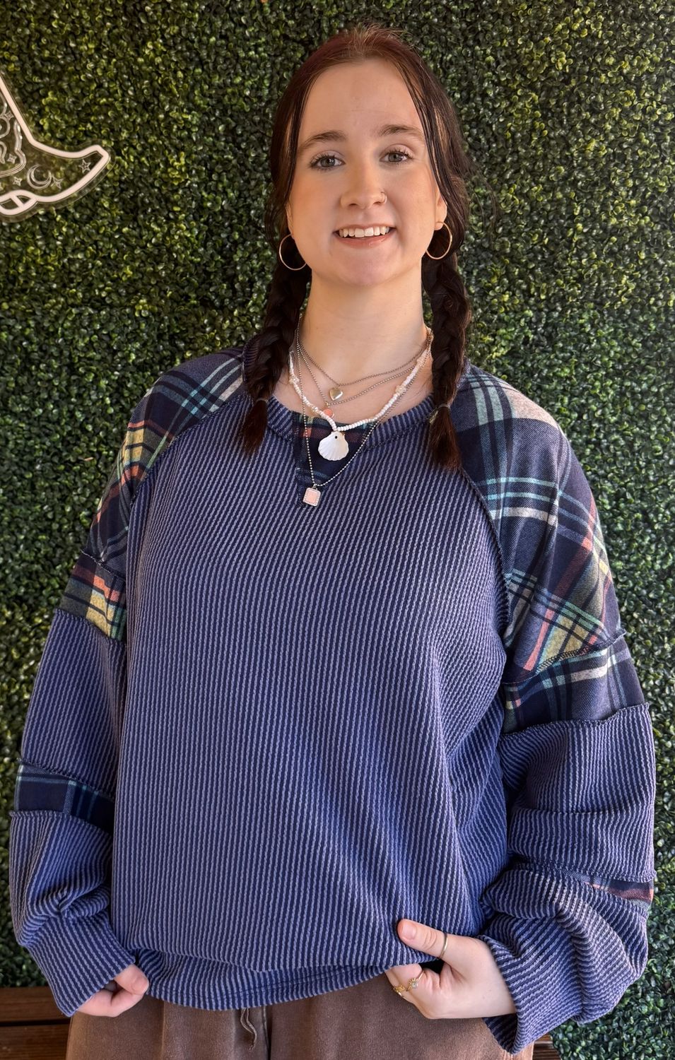 Mixed Media Plaid Patchwork Pullover Top, Size: 1X-Large