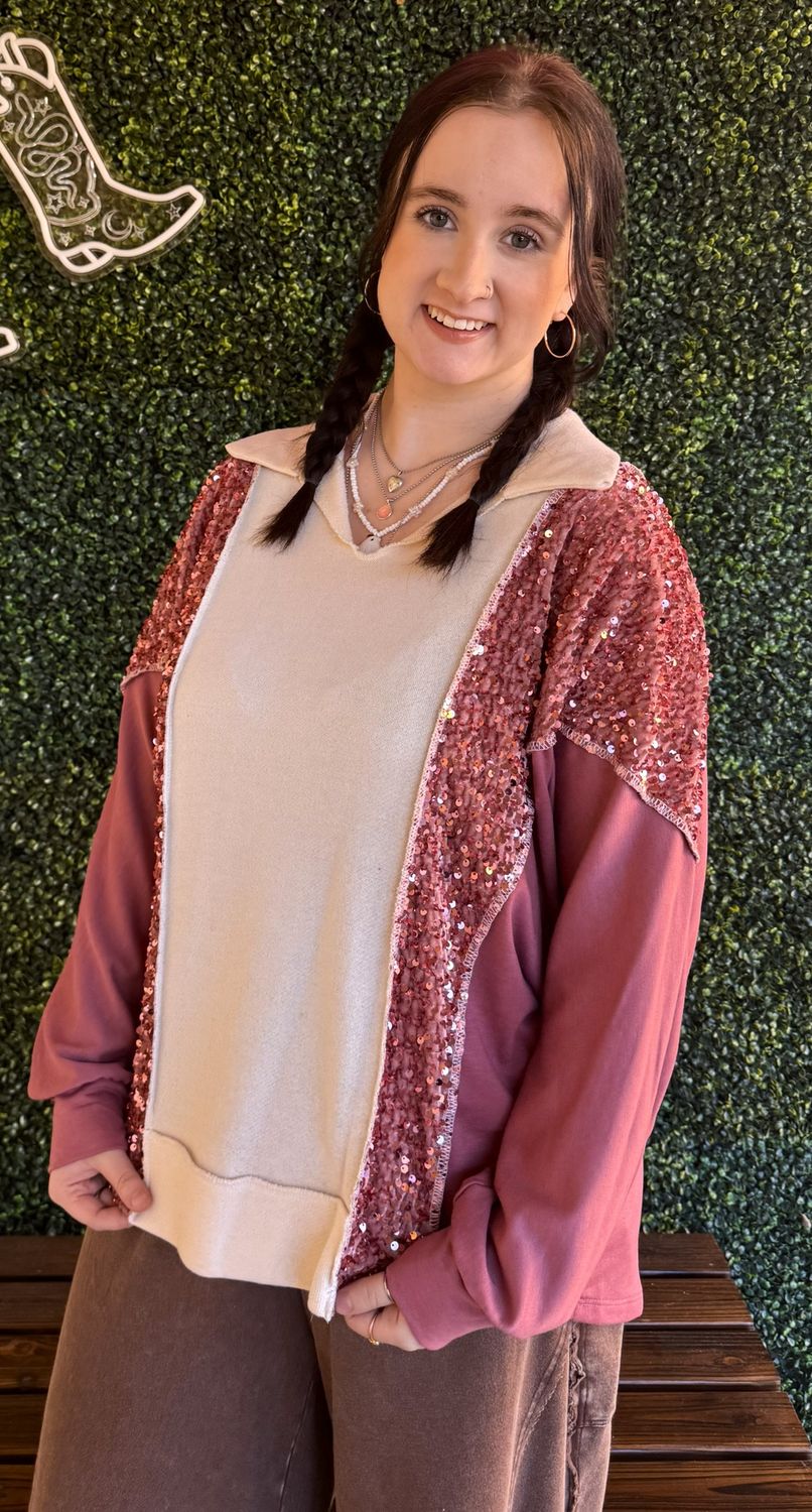 Sequin Contrast Collar Raw V Neck Top, Size: 1X-Large